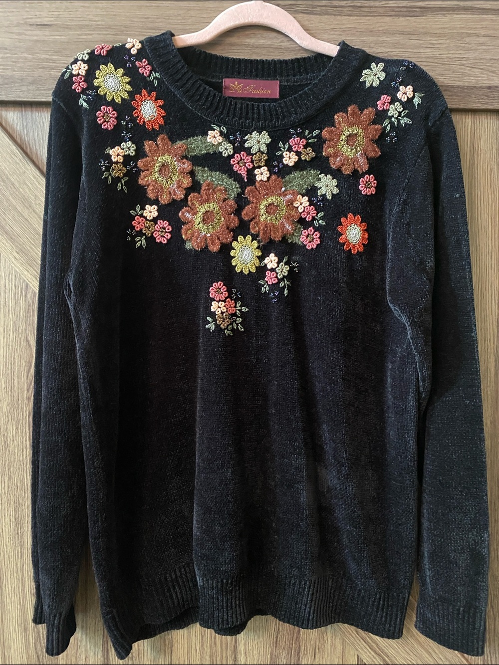 M2 Fashion Black Chenille 3D Floral Embroidered Beaded Sweater